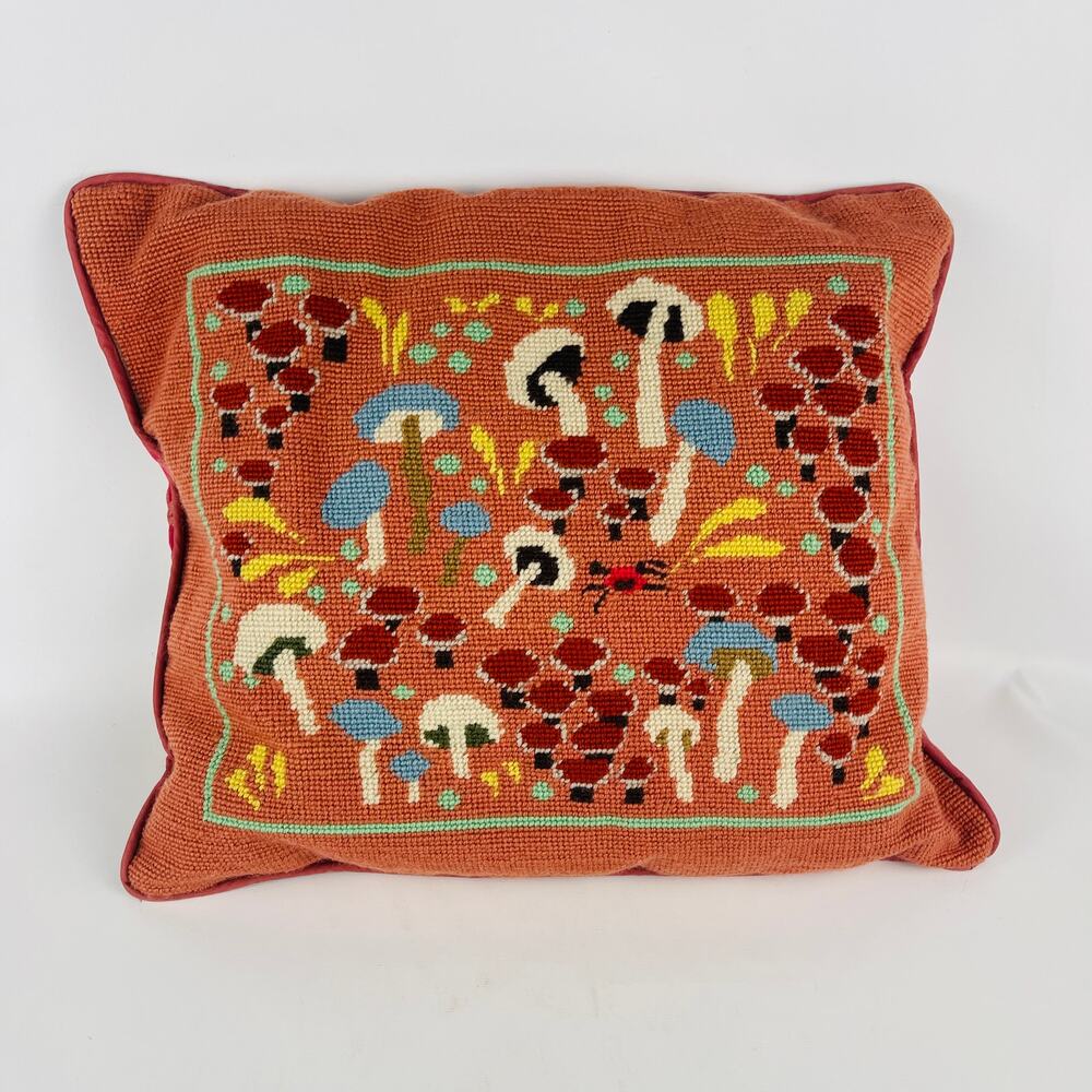 Vintage 70's Mushroom Needlepoint Pillow Boho Cottagecore 17 x 14 Coral